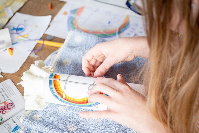 close-up of handmade bracelet assembly with beads and elastic cord in a modern workshop